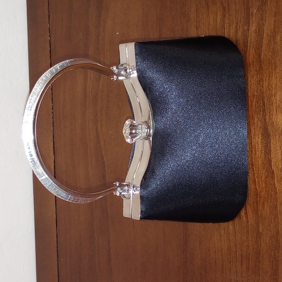 Black Poi De Soie Black Satin with Silver Trim Structured Evening Bag - Picture 3 of 12